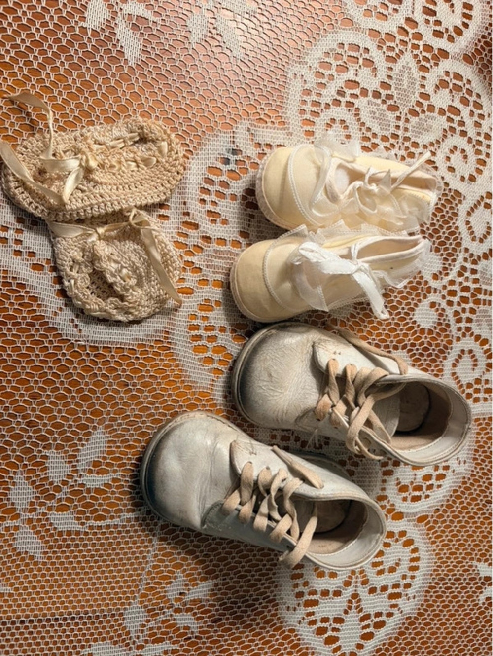 Vintage Baby Shoes Lot 3 Pairs Leather Satin Crochet Christening Display